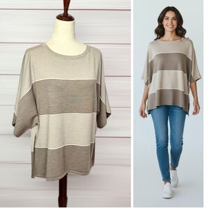 Lafayette 148 NY Wool Oversized Sweater Kimono Sleeve Taupe Beige Side Slits  M